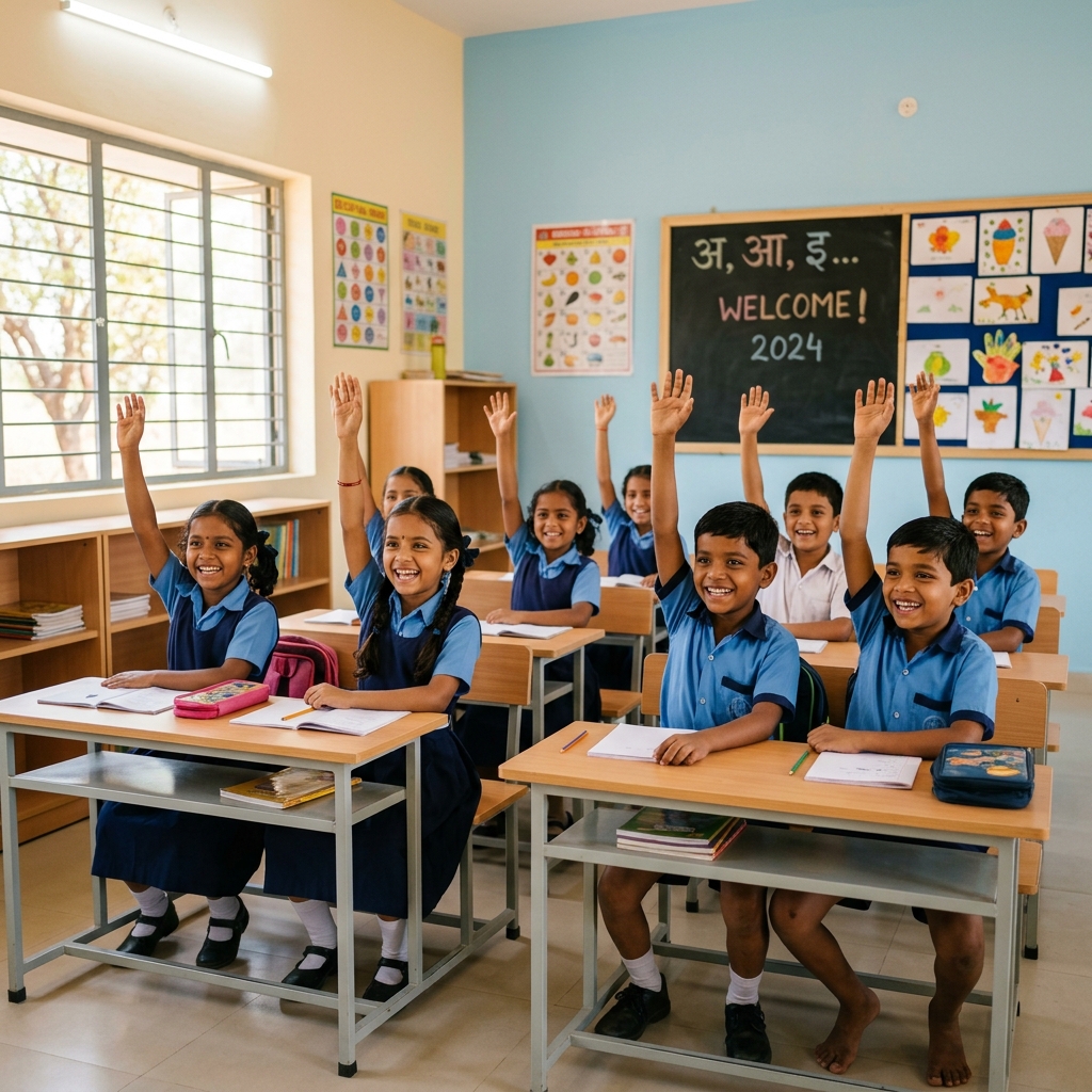 Happy Indian school children in class